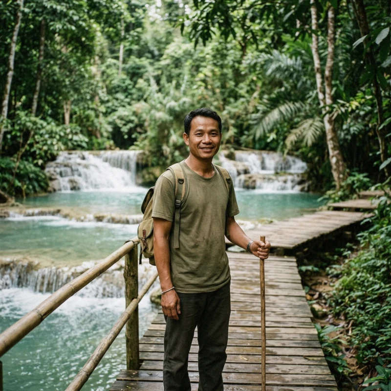 Bouasone Phimmasone, Luang Prabang guide, beside the turquoise lower pools on a Kuang Si Falls tour in Laos