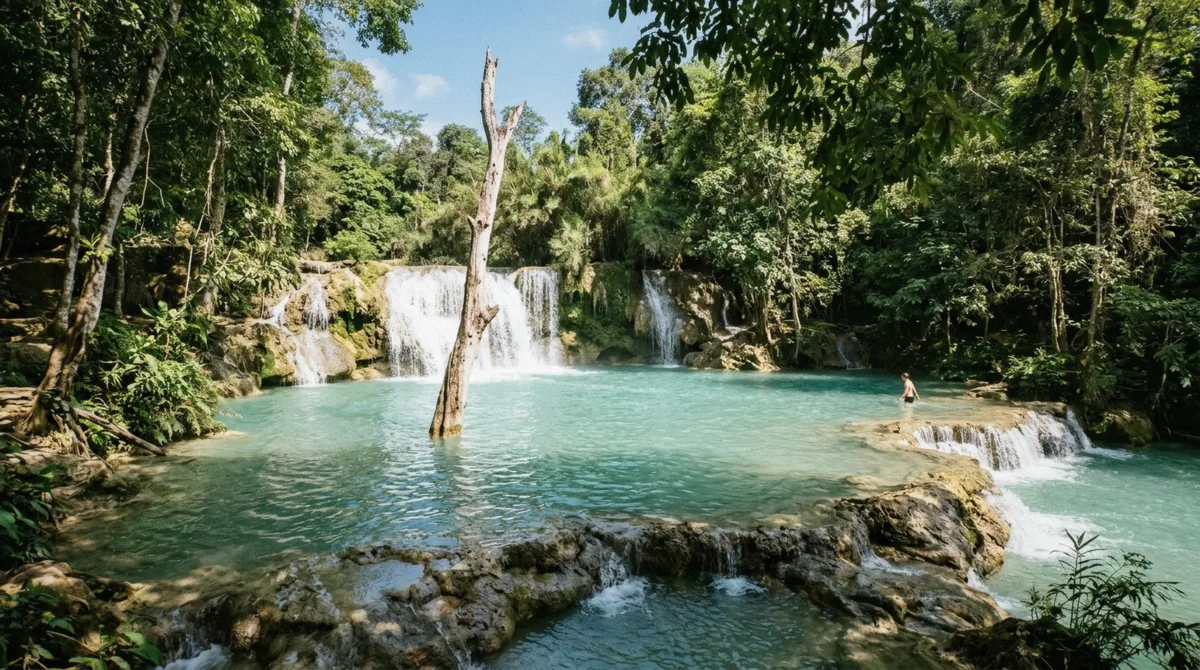Turquoise dry-season pools at Kuang Si Falls under a clear sky, the best time to visit Kuang Si Falls
