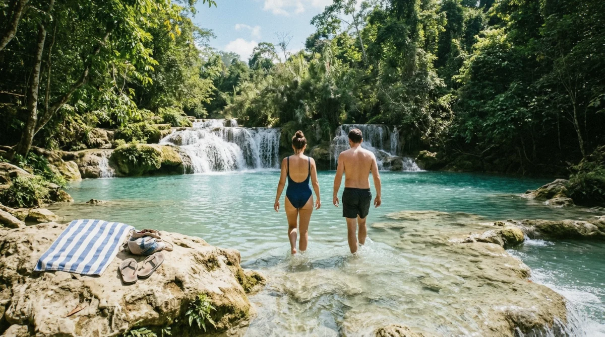 Swimmers in the turquoise lower pool at Kuang Si Falls, the answer to whether you can swim in Kuang Si Falls