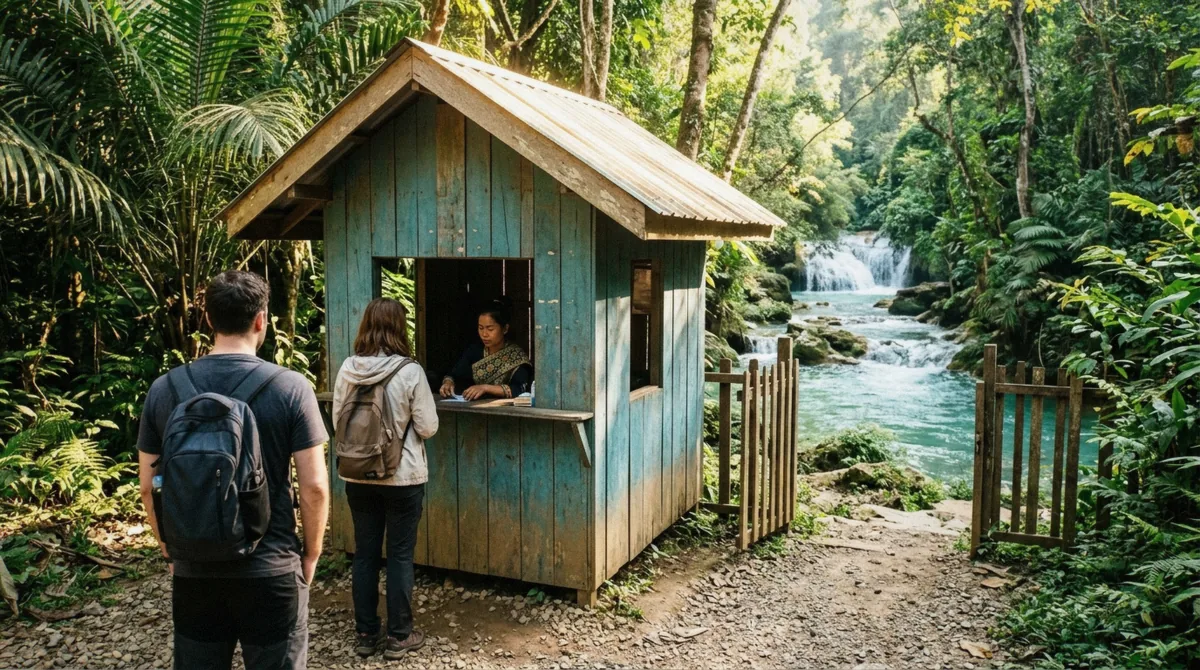 Ticket booth at the entrance to the waterfall park where the Kuang Si Falls entrance fee is paid in kip