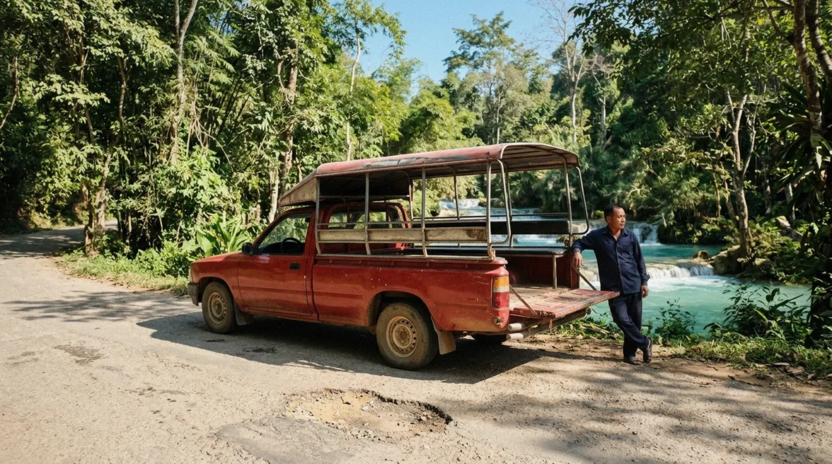 Songthaew pickup truck on the forest road used to get to Kuang Si Falls from Luang Prabang, Laos