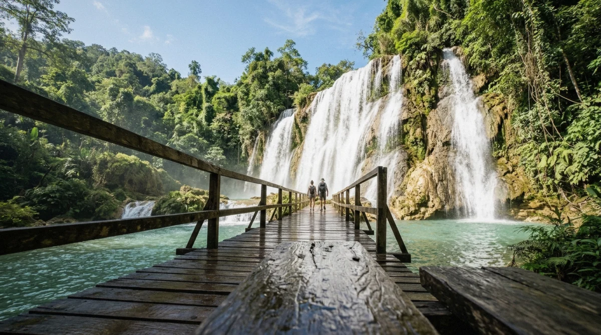 The 60 metre main cascade at Kuang Si Falls in bright dry-season sunshine, the view that answers whether Kuang Si Falls is worth it