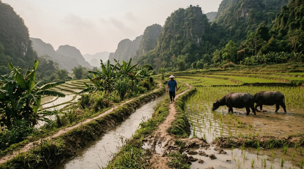 Muang Fai irrigation canal and rice paddies fed by the falls, walked on the Kuang Si Falls tour with a rice-farm hike