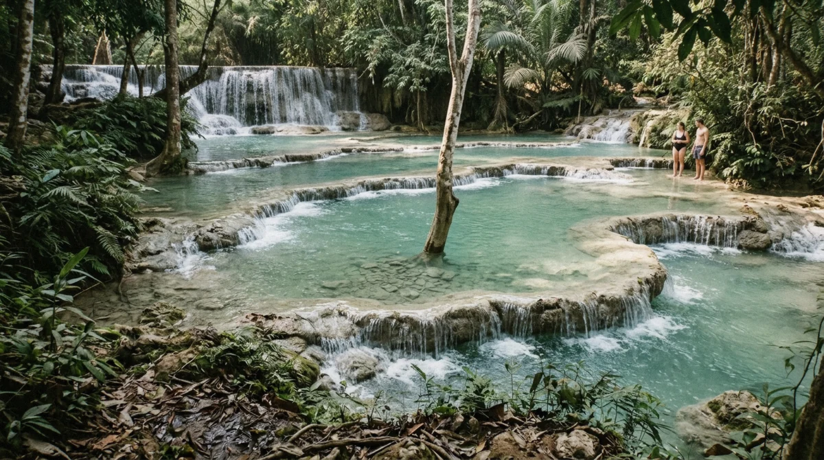 Turquoise limestone pools where swimming is allowed on a Kuang Si Falls tour near Luang Prabang, Laos