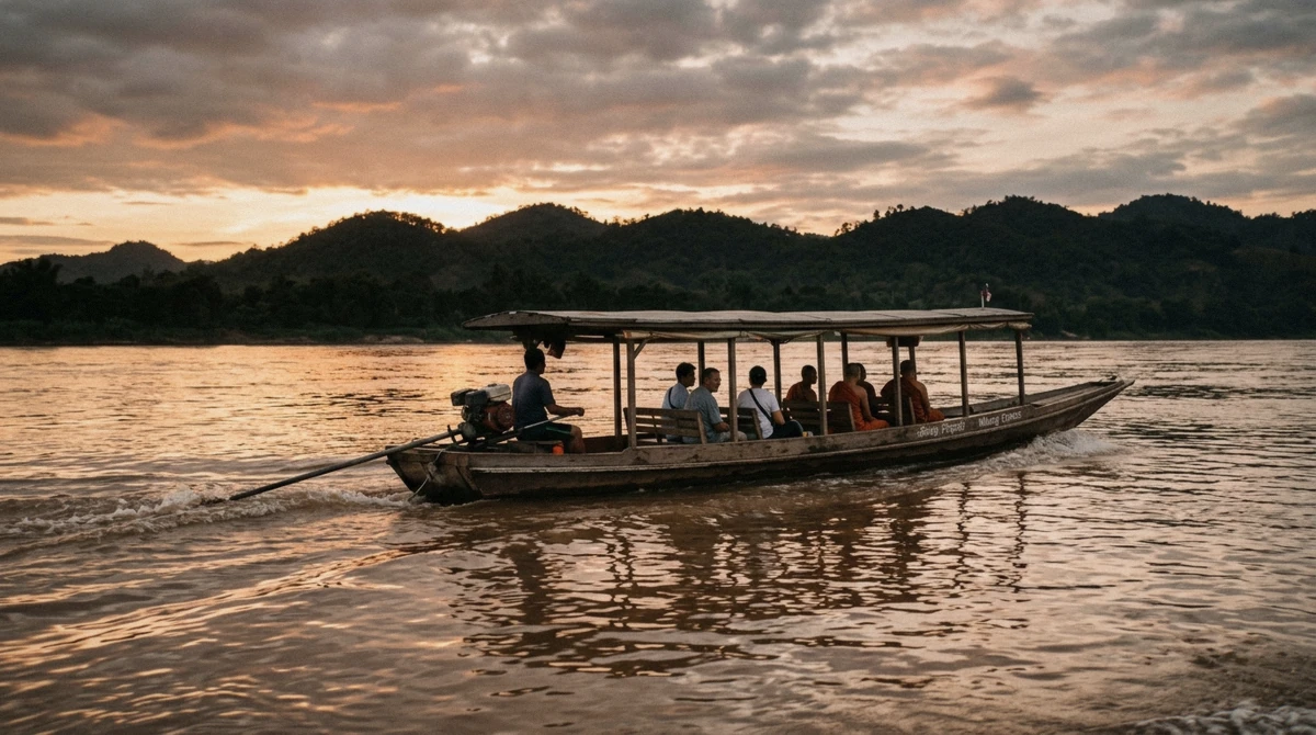 Long-tail boat on the Mekong at sunset on the way back from a Kuang Si Falls tour from Luang Prabang