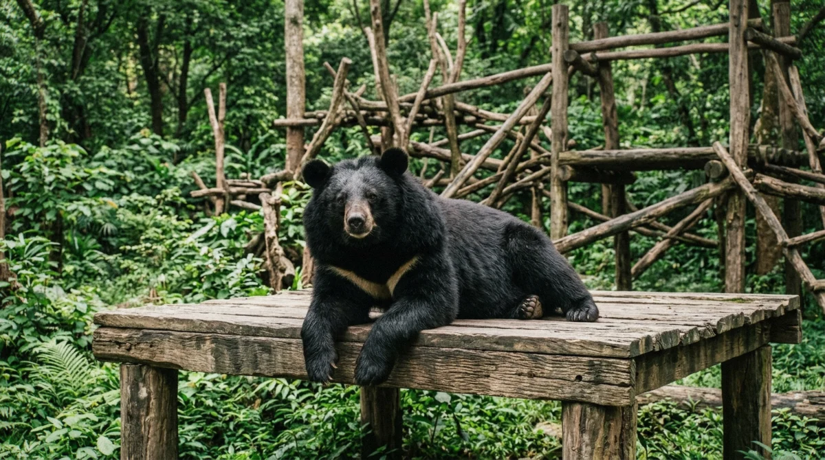 Rescued Asiatic moon bear in its forest enclosure at the Tat Kuang Si Bear Rescue Centre, included with every Kuang Si Falls tour