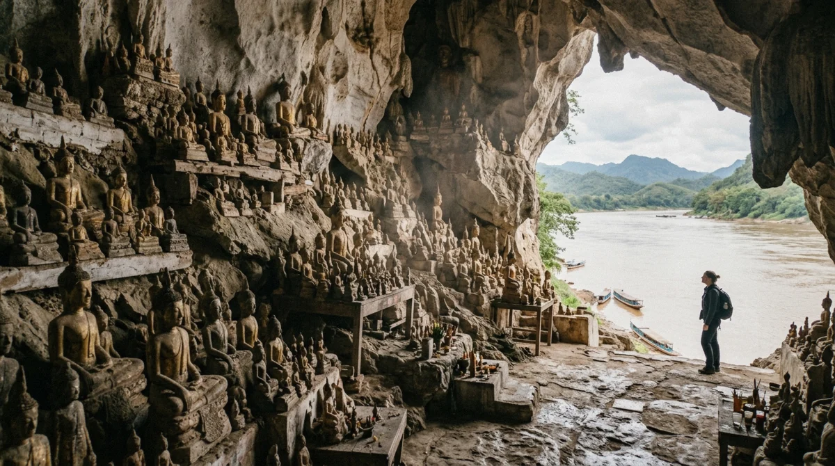 Buddha images packed on ledges inside the river cave at Pak Ou, the first stop on the Pak Ou Caves and Kuang Si Falls tour