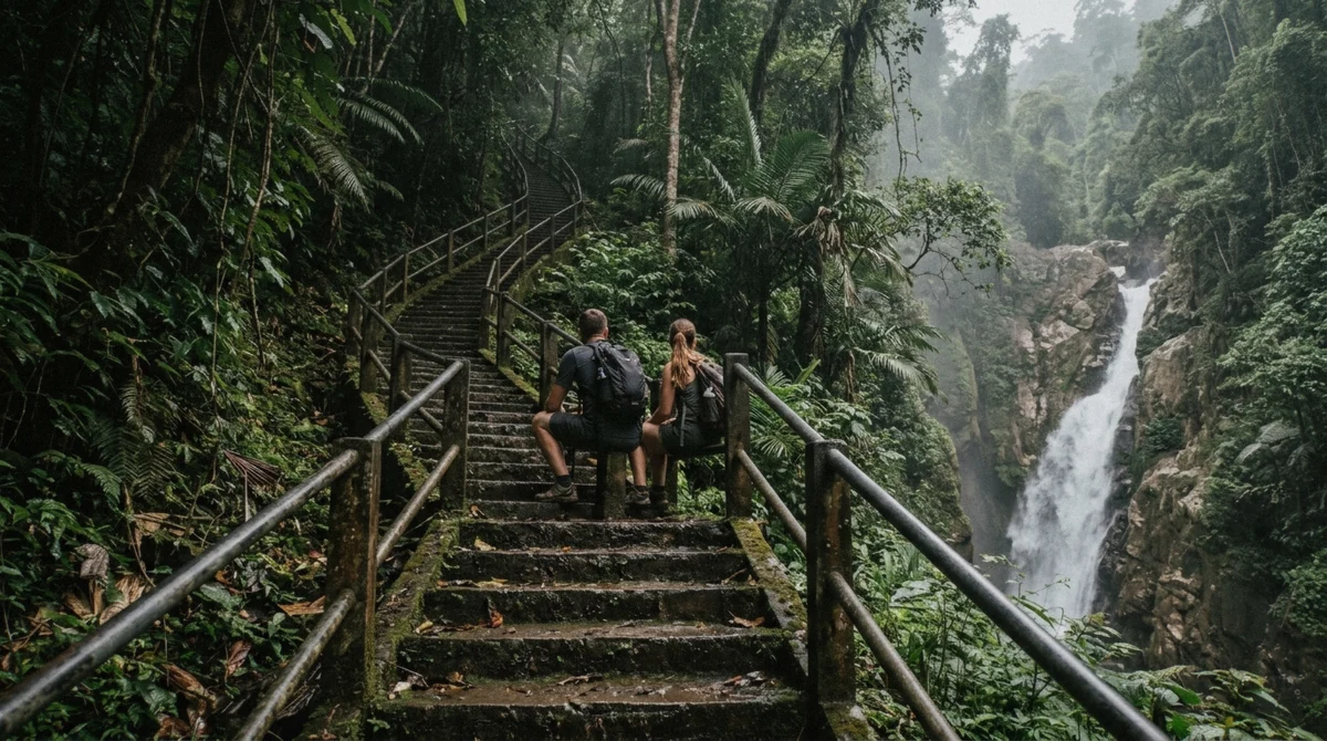 Forest staircase at Kuang Si Falls in the hazy heat of the March and April burning season